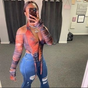 Women Sexy Chiffon Top Off Shoulder Long Sleeve V Neck Backless Mesh Top Size S